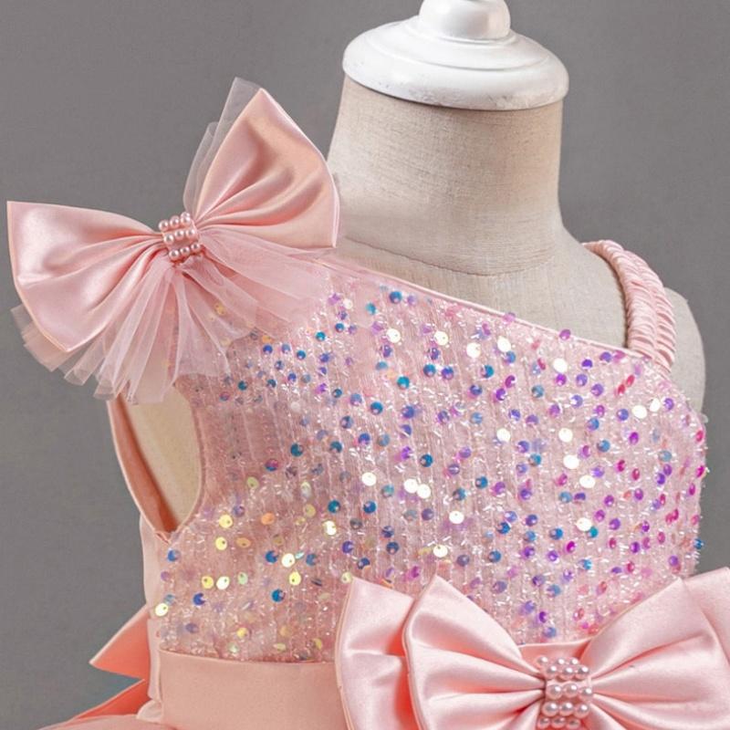 Girls Beaded Bow Tie Sequin Mesh Children's Sleeveless Evening Dress School Graduation Party Multi Layered Dress