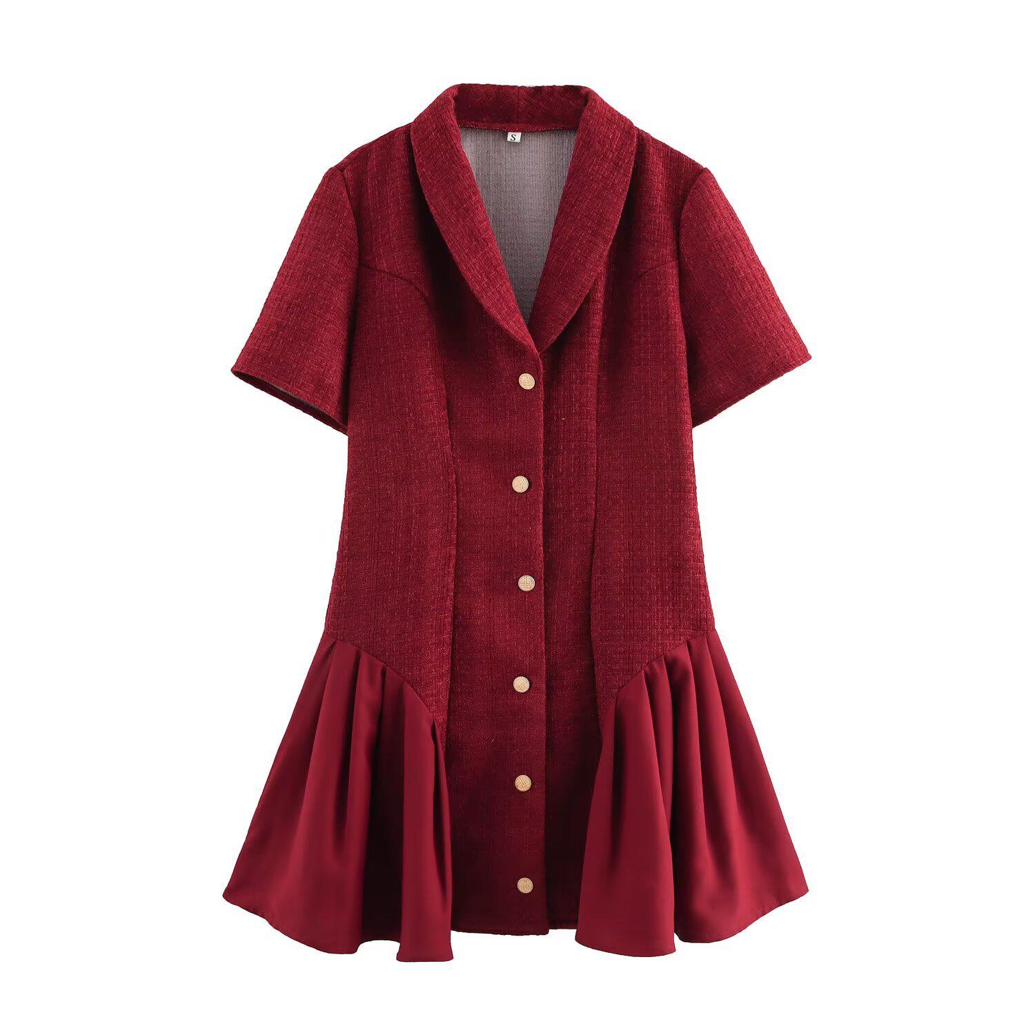 

2025 Spring Women s European & American Style Shawl Collar Waist-Hugging Dress with Short Sleeves Extra Small красный