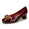 Square head thick heel high heels 2025 new burgundy patent leather middle heel single shoes spring and autumn light mouth versatile gentle shoes