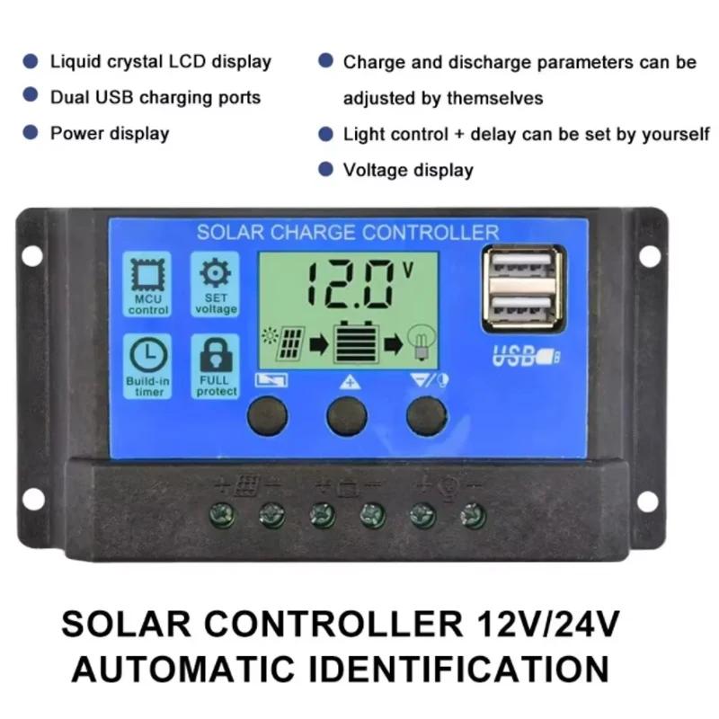 Solar Laderegler PV Regler Lastentlader 12V 24V 30A 10A Auto LCD Dual USB 5V Ausgang