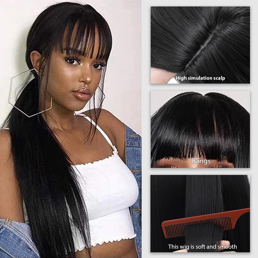 Natural Black Straight Synthetic Wigs For Women with Bangs 28Inch Daily Party Cosplay Wigs Heat Resistant Natural Hair Wig