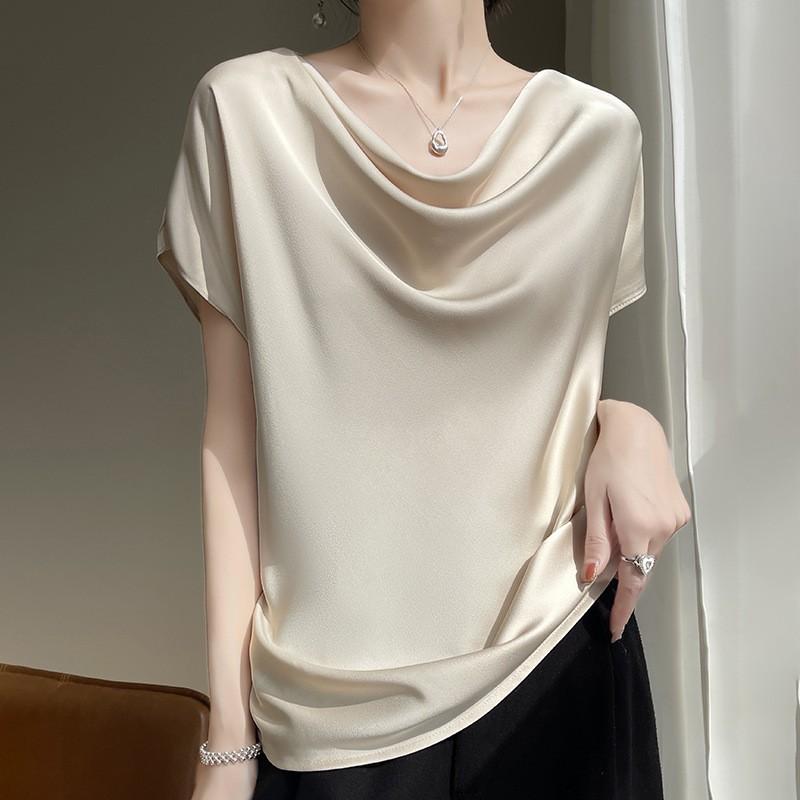 Women's Fashion Casual Satin Pile Neck Short Sleeve Top