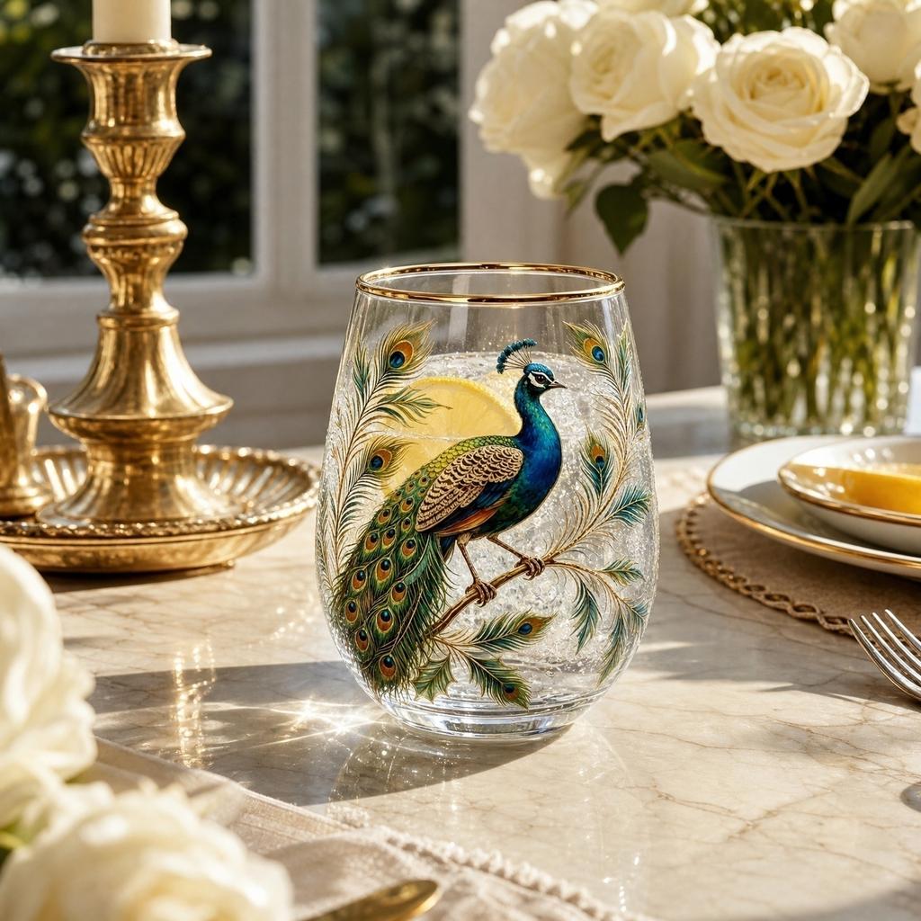 Glass Tea Cup with Peacock Print Decorative Cups for Garden Glass Tea Cups Drinking Cups for Garden