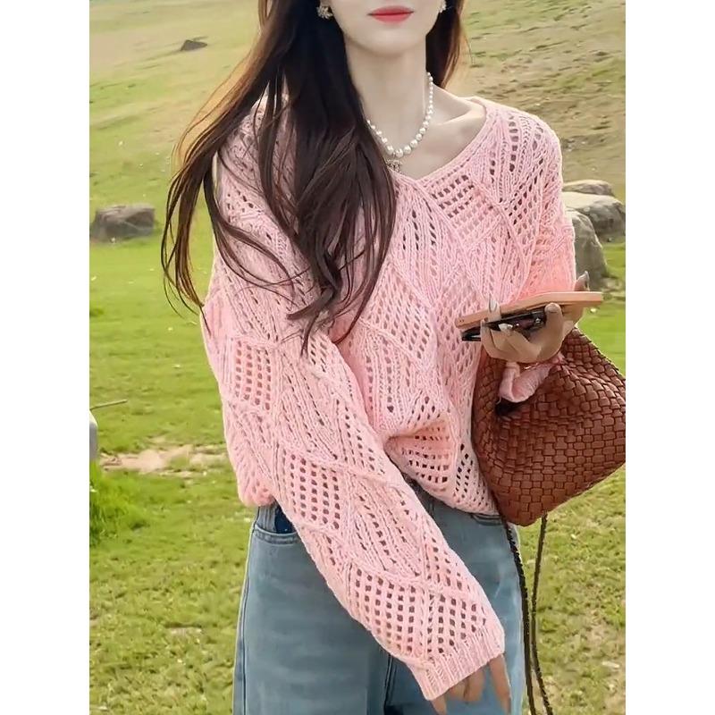 Skeleton Knit Sweater Women's Spring Summer and Autumn Solid Colour Grid Lazy Bottoming Sunscreen Cover-ups
