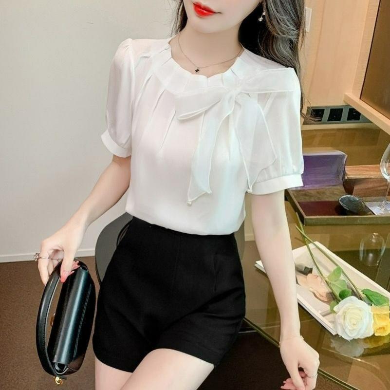 Gentle Wind Pink Bow Chiffon Shirt Women's Spring and Summer All-match Puff Sleeve Temperament Blouse Small Shirt