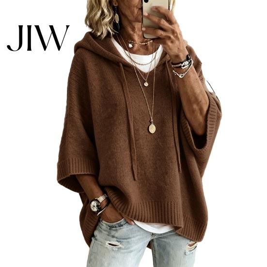 Fall Pullover Sweater Autumn Women Knit Sweater, Loose Fit Drawstring Hooded Solid Color 3/4 Sleeve Drop Shoulder Casual Long Tops