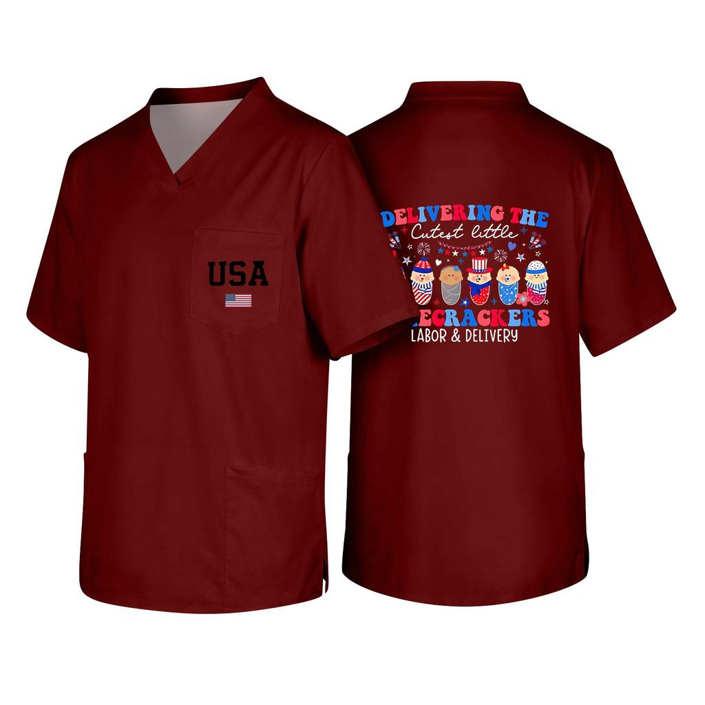 Men's V Neck Work Shirt Short Sleeve Pocket Top with USA Print Suitable for Healthcare and Labor Day Uniforms