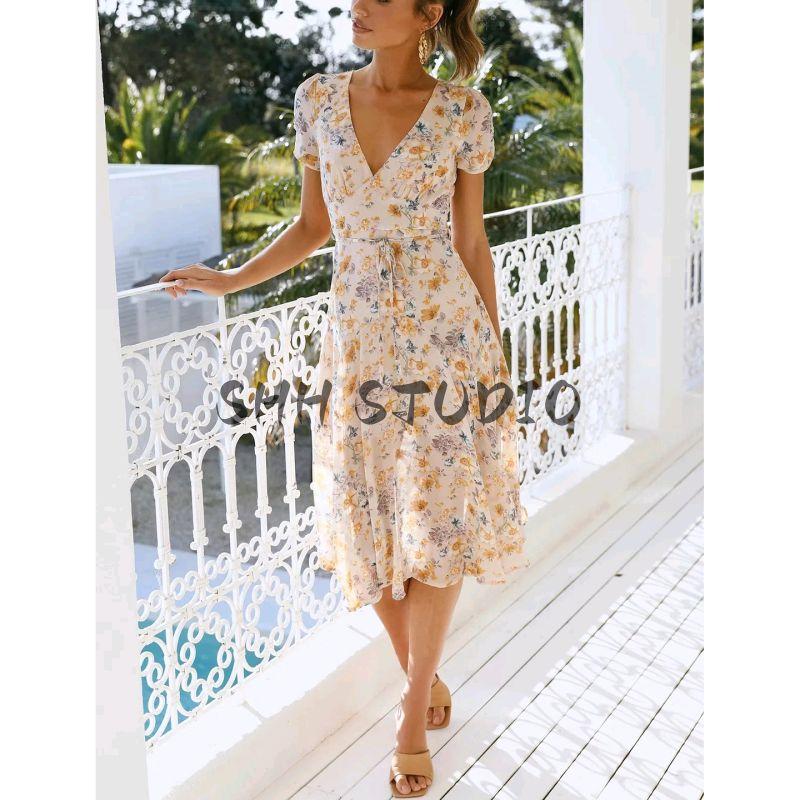 Autumn New Product Women clothes French style Holiday Style Leisure V-neck Short sleeve Series with Decoration Mid-Length Print Dress