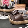 New Leather Straw Thick-soled Muffin Slippers Wear Beach One-word Cool Slippers Women's Shoe Holders Small Leather Shoes
