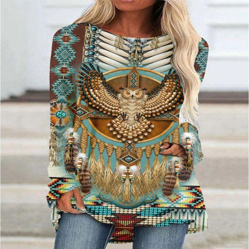 New 3D Ethnic Tribal Style Printed Round Neck Women's T-shirt Long-sleeved Bottoming Shirt Casual Loose Top Breathable Pullover