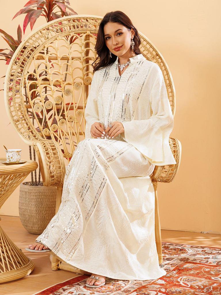 Elegant Sequin Embroidered Muslim Women's Robe - Middle Eastern Style Long Dress