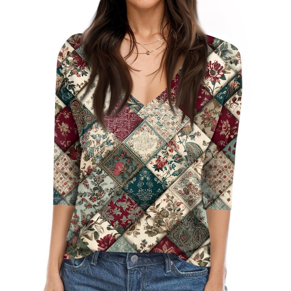 Dámské tričko s potiskem 3/4 rukáv denní víkendová móda základní véčkový výstřih běžný top