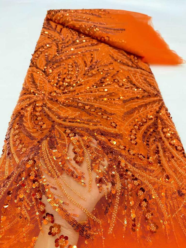 Orange Beaded Fabric Sequin Tulle Lace Embroidered Dubai New 2026 High Quality African Beads Embroidery Lace for Wedding Dress