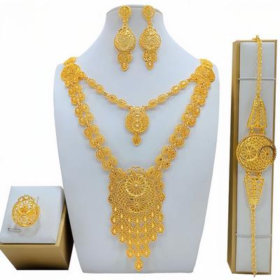 Luxury Dubai Gold Color Jewelry Sets African Indian Bridal For Women Irregular Tassel Long Necklace Bracelet Earrings Ring Set