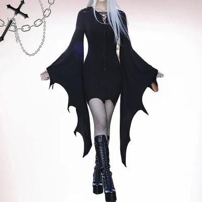 Halloween Dress Long Batwing Sleeve Solid Color Dark Style Irregular Cuff Lace Up Sheath Slim Fit Above Knee Length Halloween Party Cosplay Costume