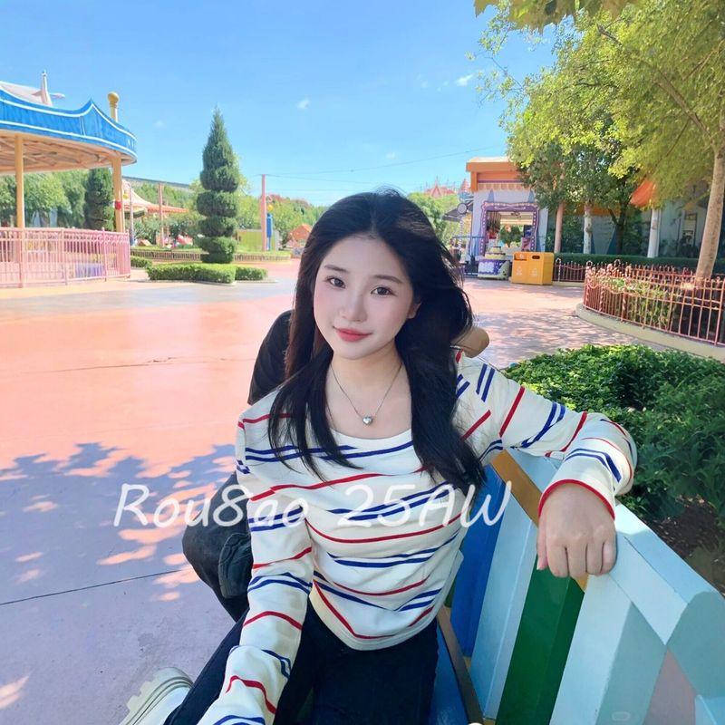

Rou8Ao Plus Size Women s Korean Style Color-Block Striped Off-Shoulder Long Sleeve T-Shirt 2026 Spring Slimming Top Picture Color L