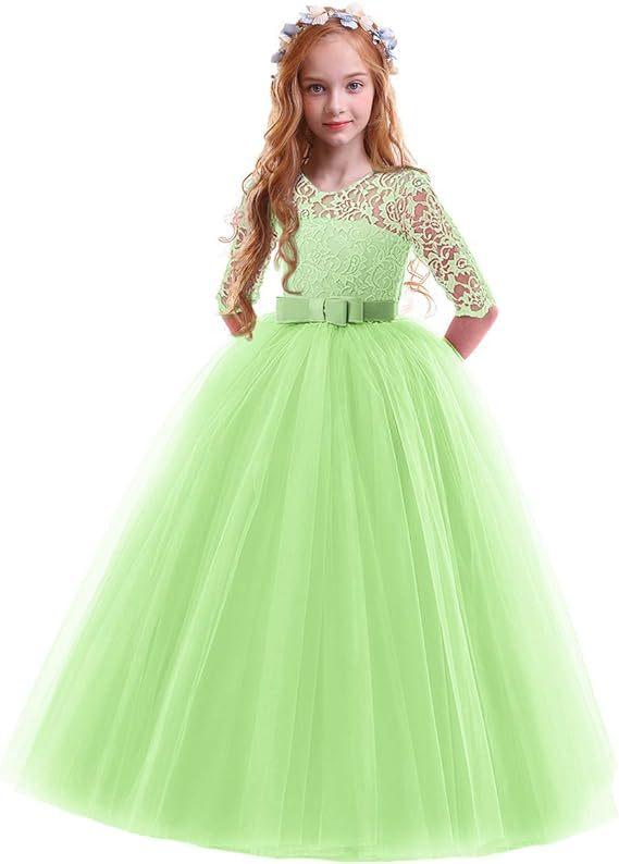 Girls Long Sleeve Flower Girl Wedding Dress Princess Gown