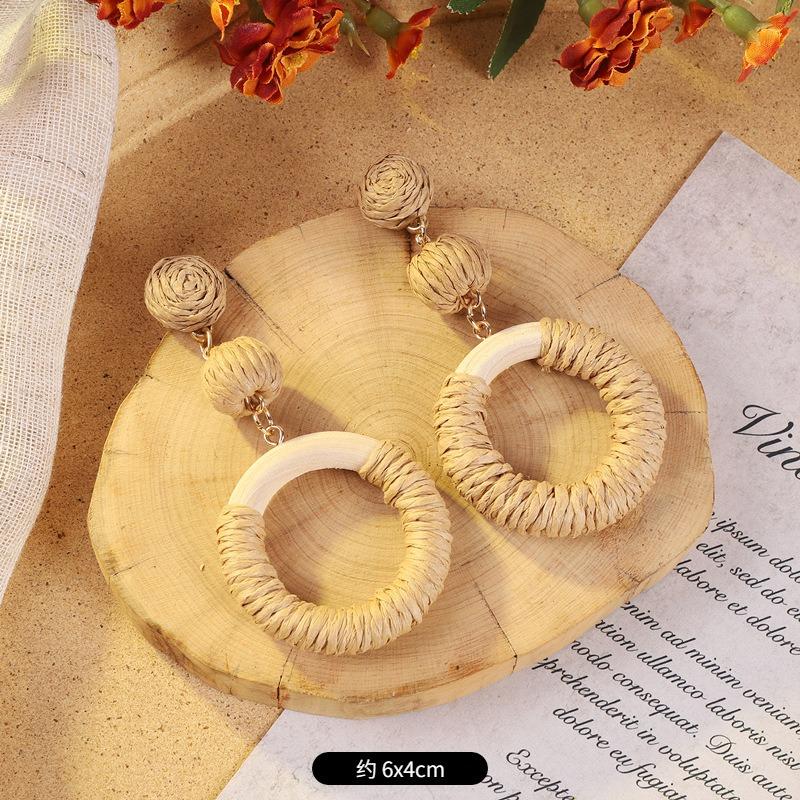 Vintage vacation style grass vine woven earrings Bohemian seaside niche exaggerated stud earrings women's earrings