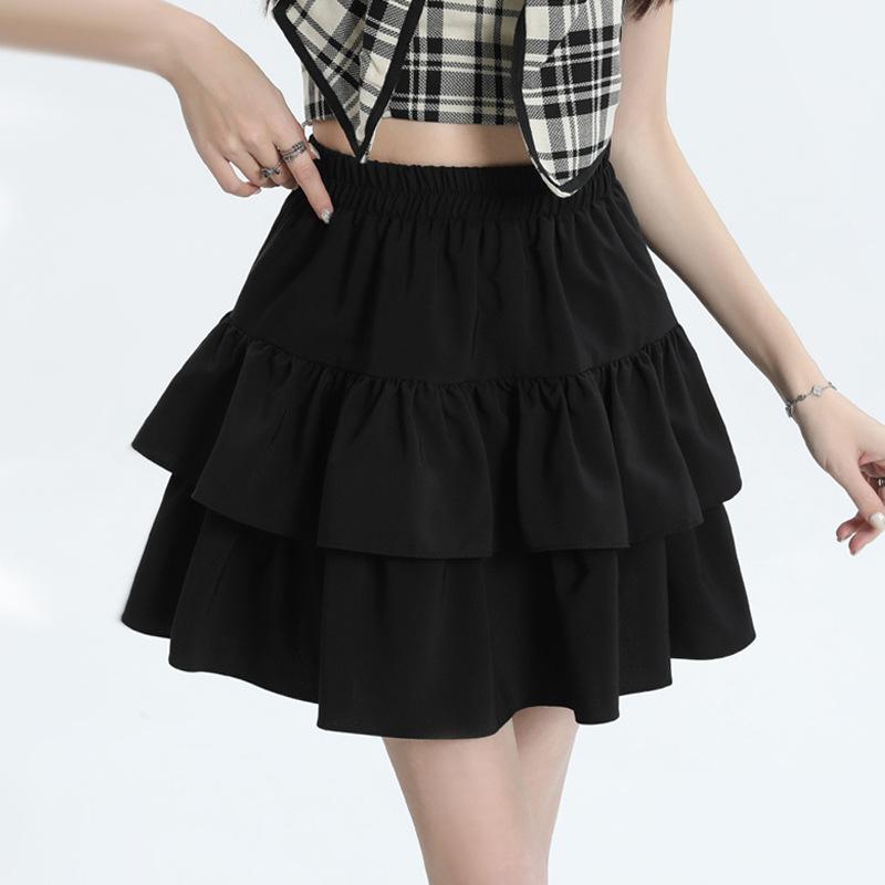 Black High Waist A-line Puffy Skirt for Women, Summer 2026 Trendy Short Umbrella Cake Skirt