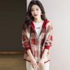 Spring and Autumn Hooded Jacket Women's Spring New Loose Pockets Short Sweater Plaid Cardigan Top