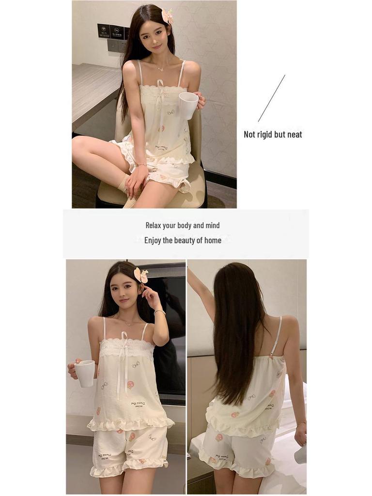 Kadın Yazlık Bulut Pamuklu Göğüs Pedli Pijama Takımı, Spagetti Askılı, Şortlu ve Seksi Saf Stil.