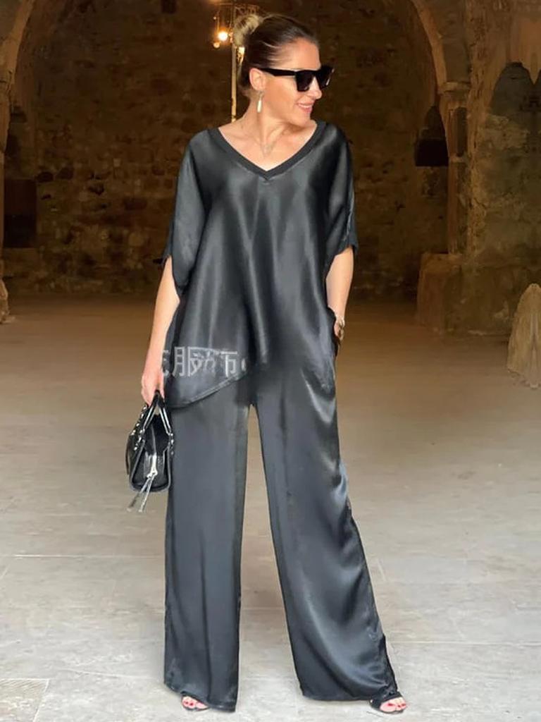 Women's Two Piece Set Pants Spring/Autumn Satin Loose V-Neck Casual Top Wide Leg Pants Fashion Set