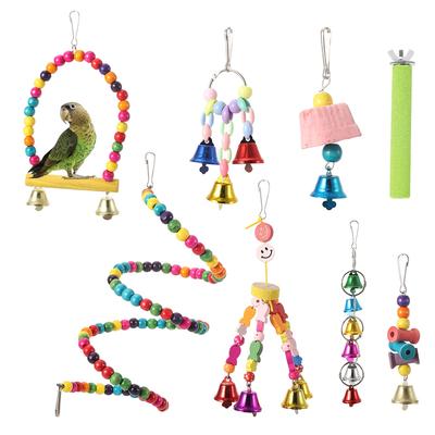 8PCS Bird Hanging Swing Bells String Wooden Beads Rotating Ladder Frosted Rod Parrot Biting Chewing Toy Cage Accessory