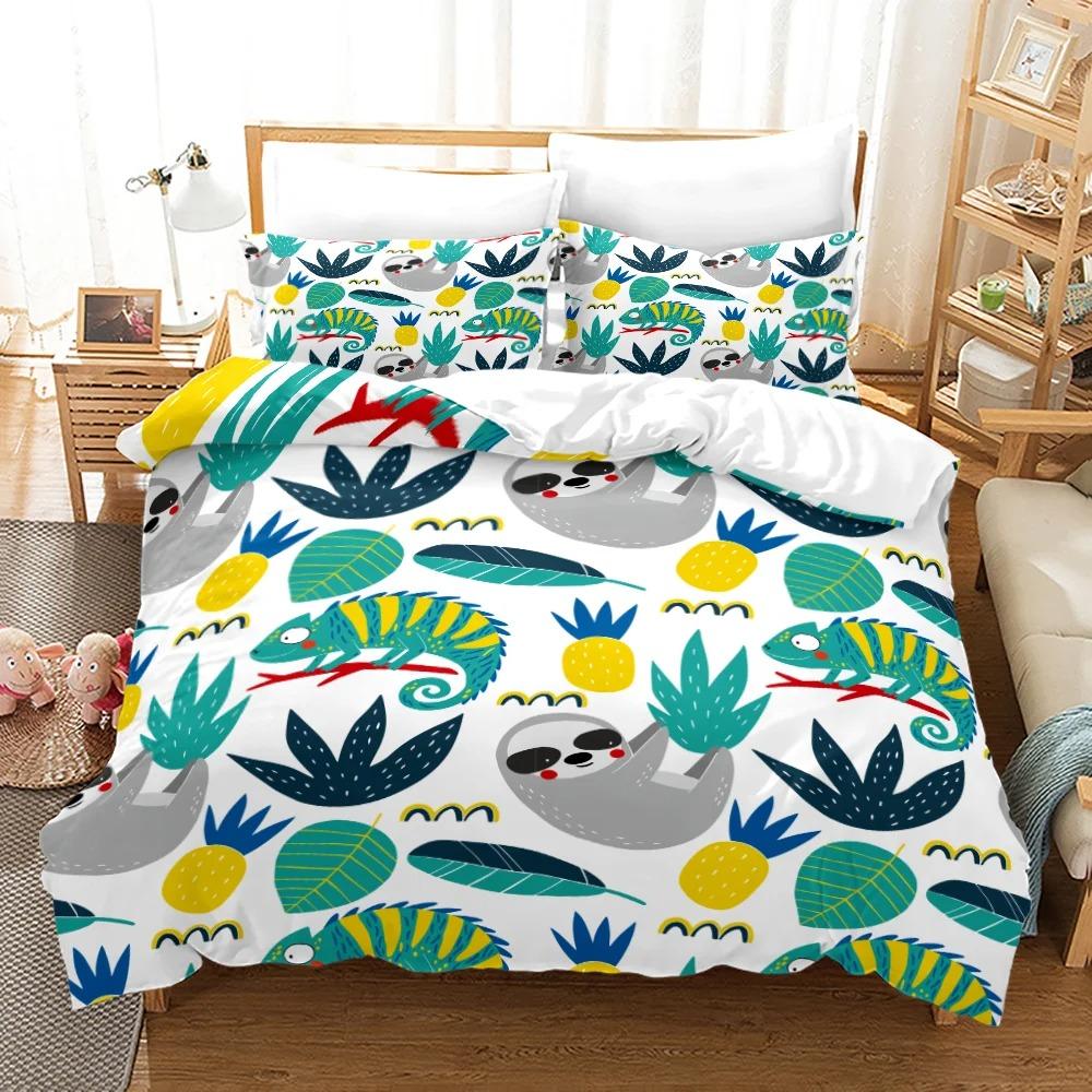 Faultier Bettbezug-Set Baumbewohnendes Säugetier Schläft auf Ast im Wald Faule Stimmung Entspannendes Thema Dekorative Polyester-Bettwäscheset