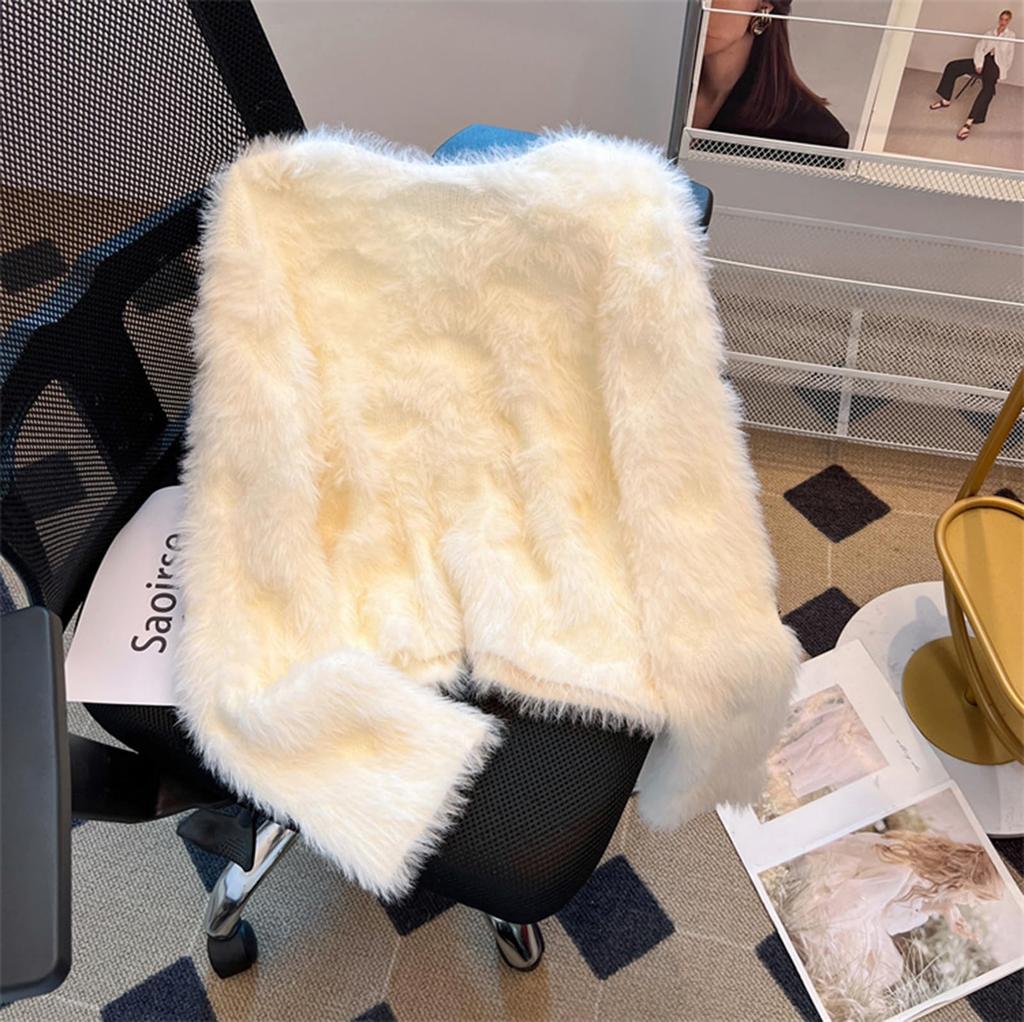 JIYUTOR Knit Cardigan with Fur and Fluffy Shaggy Fur with Loose Perfect for Formal Weddings Women's Pearls, Coat, V-Neck Buttons, Fit, (Free Size,