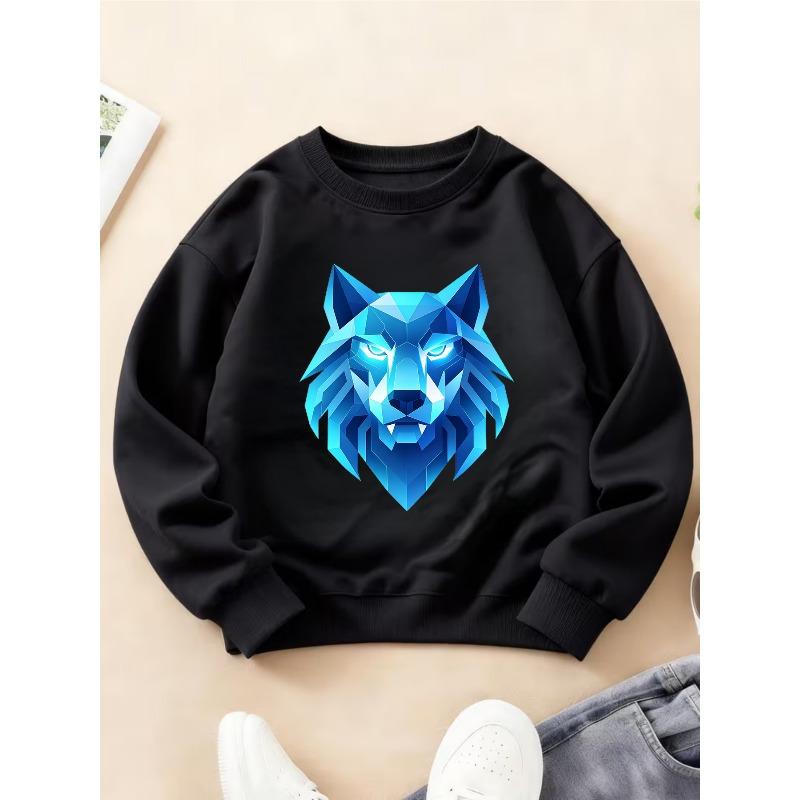 Kids Crewneck Sweatshirt, Trendy Cool Tech Style Blue Ice Wolf Print Long Sleeve Top 110 чёрный