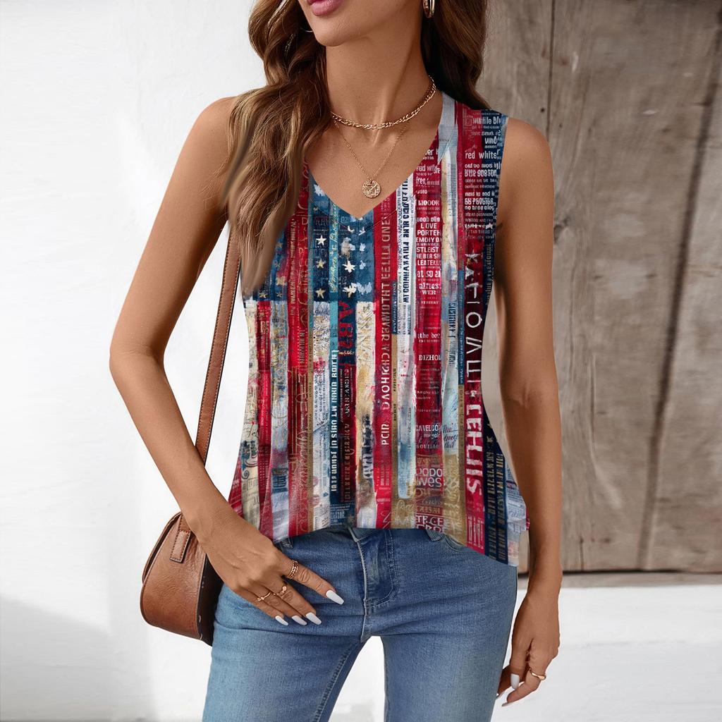 Women's Sleeveless V Neck Tank Top Loose Fit Pleated Star Print Independence Day Shirt Summer Casual Blouse