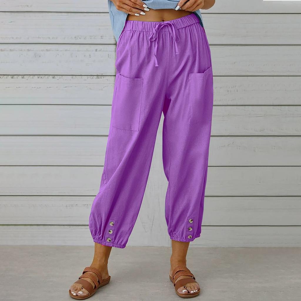 Summer Women's Cotton and Linen Pants Solid Color Wide Leg Pants Hemp Casual Trousers Oversized Elastic Waist Pocket Long Pants