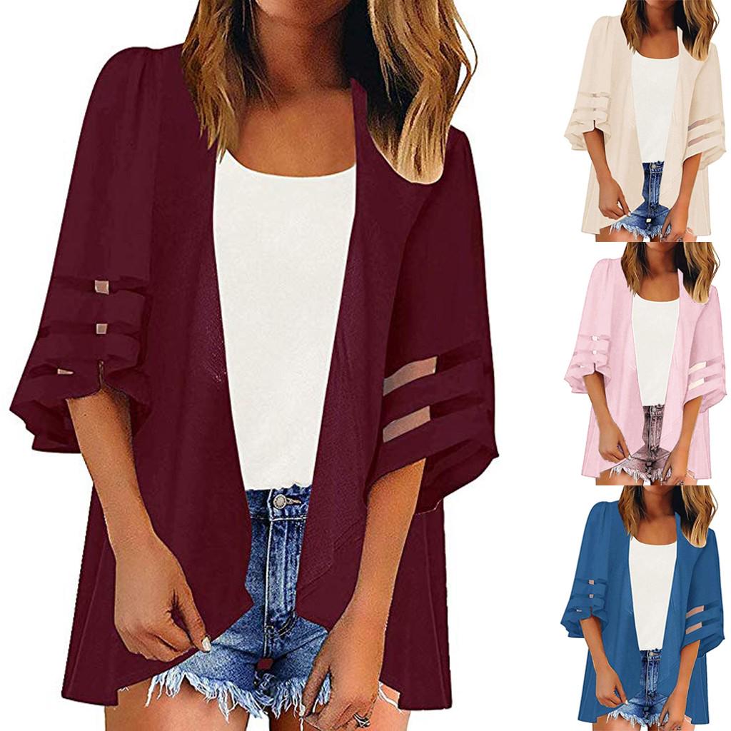 

Женский шифоновый повседневный свободный кардиган-кимоно с сетчатыми вставками и рукавами-колокольчиками 3/4