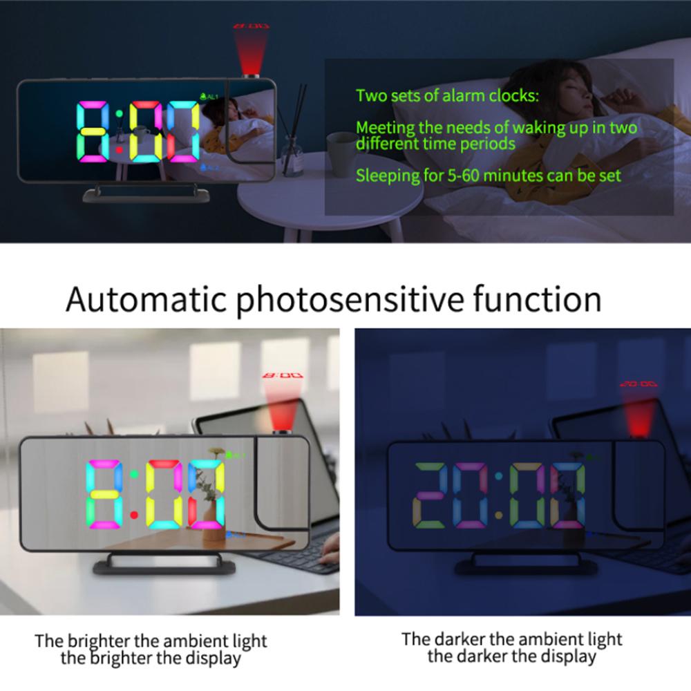 Projection Alarm Clock Digital Mirror Clocks with 180 degrees Rotatable Projector RGB Color Digital LED Display 6 Display Brightness Dual Alarm
