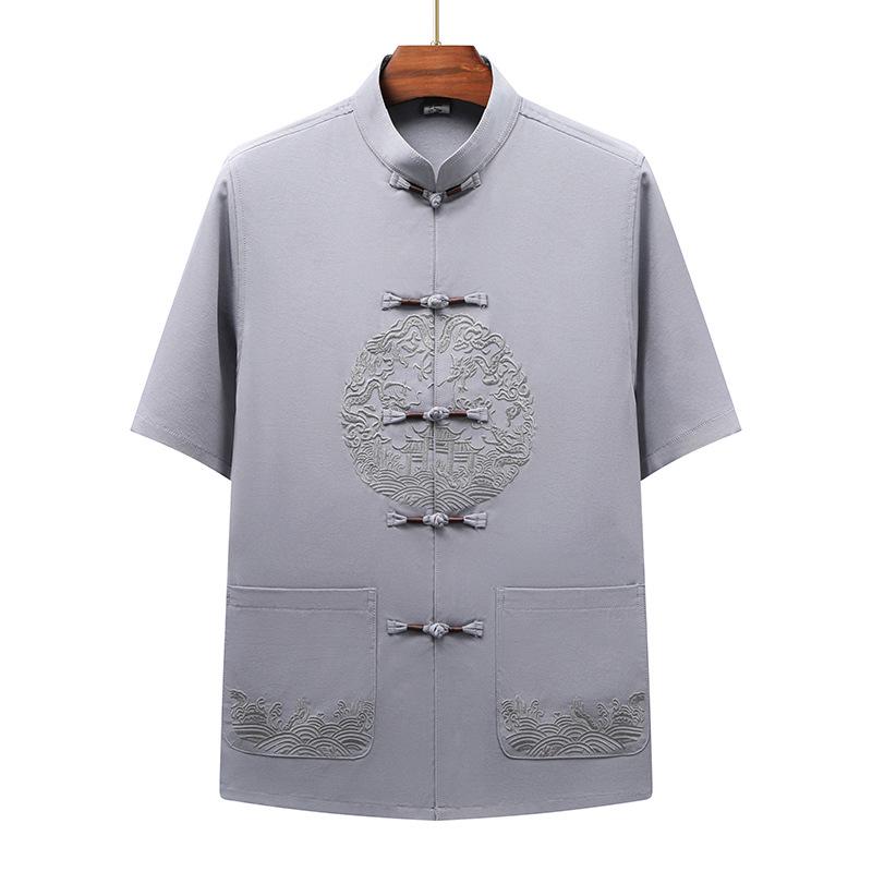 Men's Chinese Style Ice Silk Tang Suit: Two-Piece Summer Set with Short Sleeves and Long Pants for Middle-Aged and Elderly