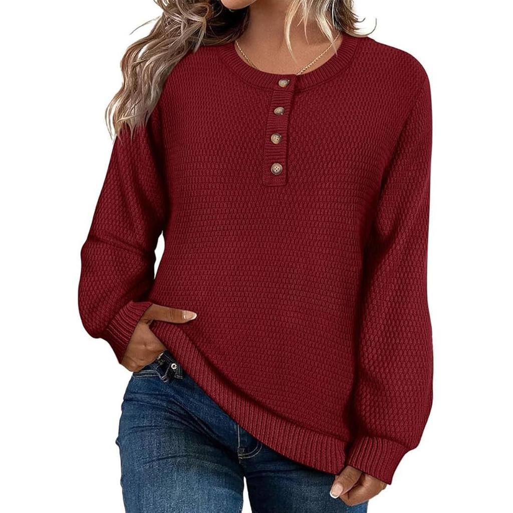 Women's Loose-Fitting Solid-Color Button-Up Long-Sleeved Round-Neck Pullover Knit Sweater Top