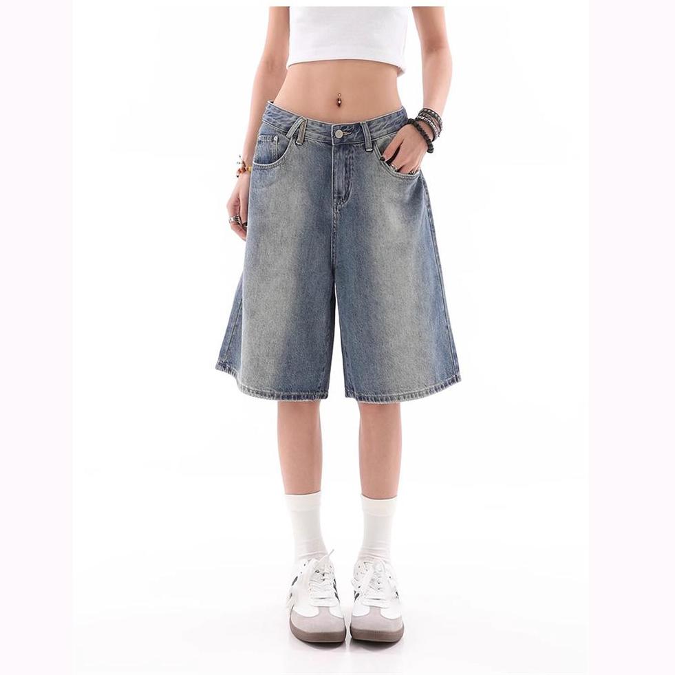 Retro Denim Shorts Women American Style Elegant Streetwear Wide Leg Pants Summer Female Y2k High Waist Loose Short Jeans