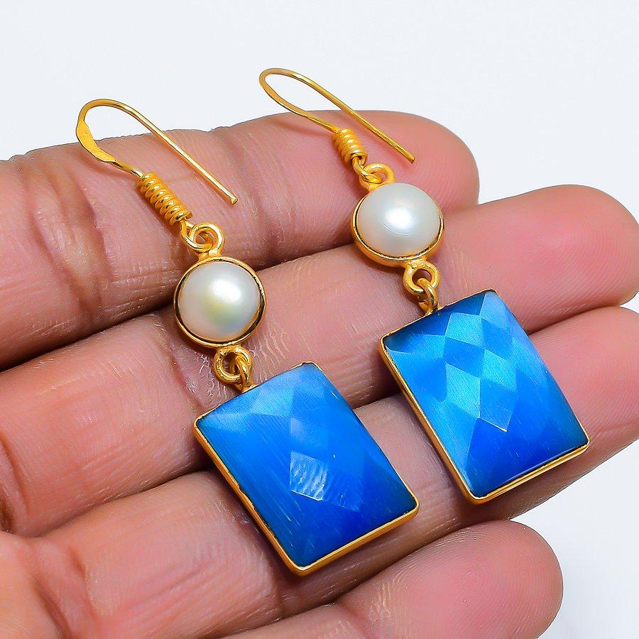 Blue Monalisa Gemstone Handmade 925 Sterling Silver Jewelry Earring 2.09" GK-4884