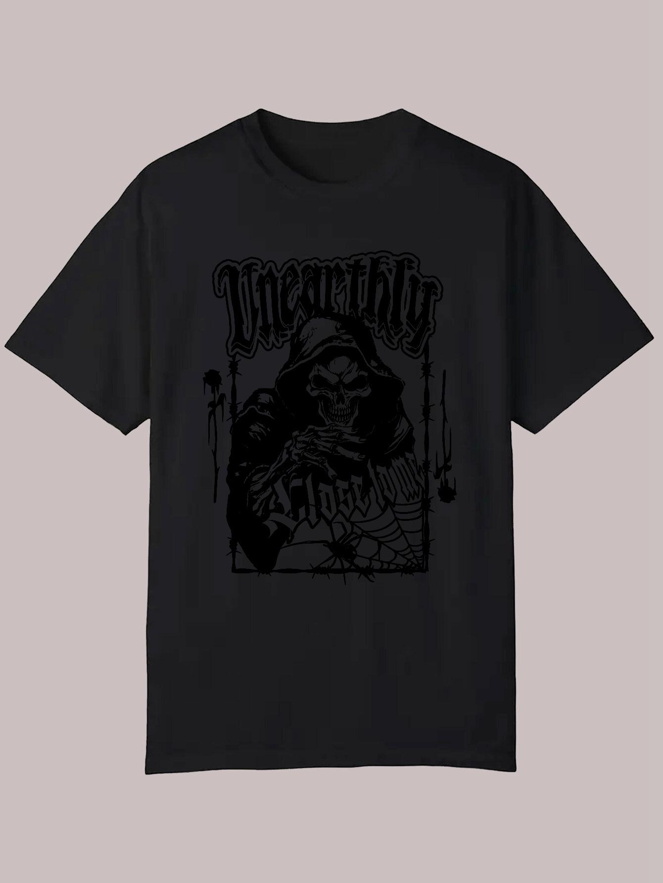 

Gothic Graphic Print T-shirt - Black Casual Summer Tee with Round Neck XL
