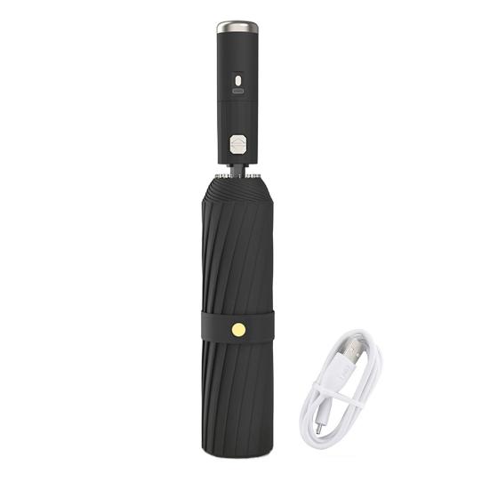 Sammenleggbar paraply med vifte, 3 hastigheter justerbar, USB-oppladbar, UV-beskyttelsesparaply, bærbar, vanntett, vindtett, sommer utendørs, sol- og regnparaply