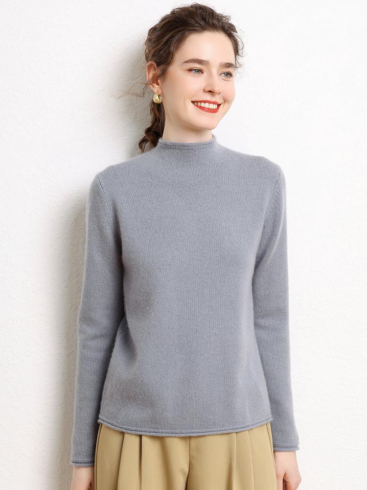 Women’s Cashmere Half-High Roll-Neck Sweater: Thick, Loose, Long Sleeve Pullover for Autumn/Winter.
