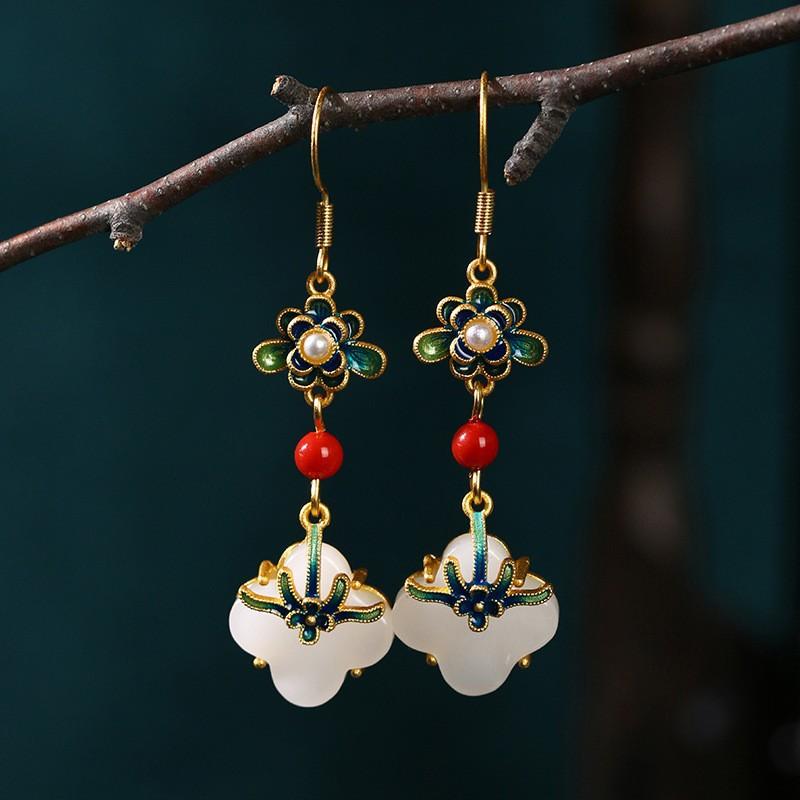 Gold Plated Imitation Jade Earrings For Women, Exquisite Long Style, Niche Design, Antique Style Jewelry Gift