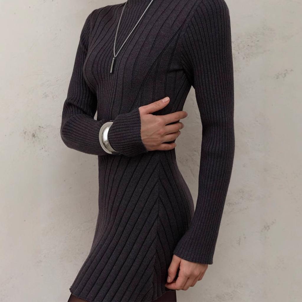 Long Sleeved, Semi High Neck, Dress, Knitted Skirt, 2025 Autumn, Temperament, Playful A-line Short Skirt