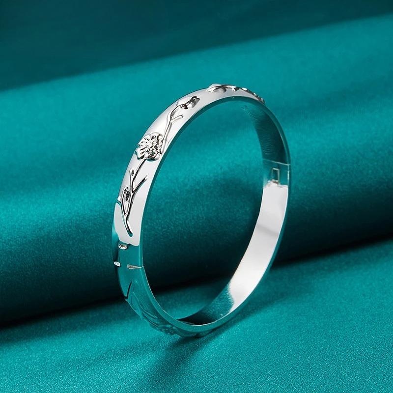925 Sterling Silver Smooth Carving Bangles Bracelet for Women Wedding Engagement Fashion Charm Jewelry