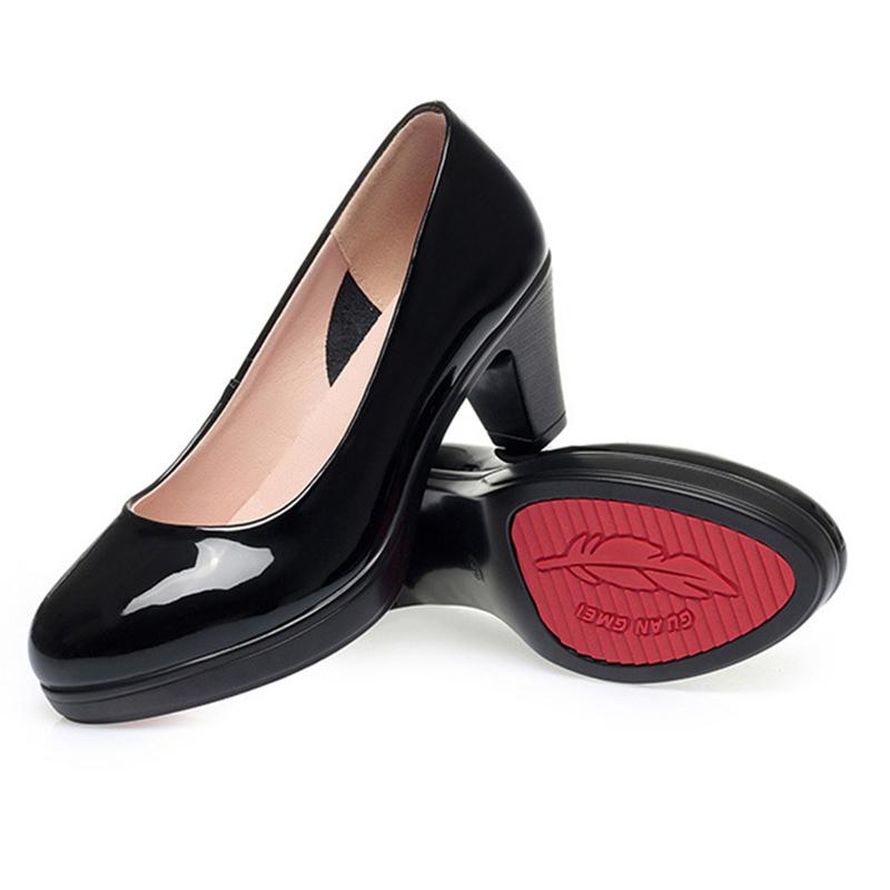 women Shallow Mouth Single Shoes Round Toe Thick Sole Non-slip Black Thick High Heel Work Shoes