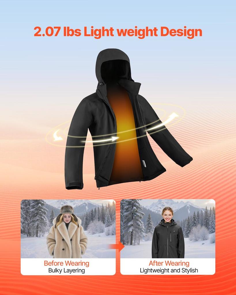Heated Jacket for Women with 7.4V Battery, Soft Shell Electric Heating Coat, Windproof Waterproof Lightweight Outerwear with 5 Heating Zones & 3 Heat