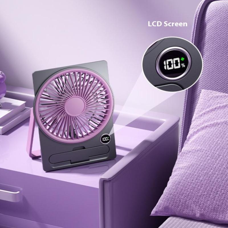 Ultra Thin Mini Fan Usb Rechargeable Card Fan Lcd Digital Display 5-Speed Adjustment Hanging Stand Dual Use Desktop Fan