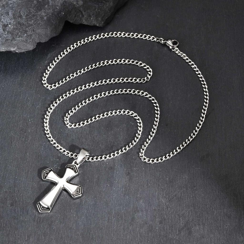 Vnox Men's Punk Cross Necklace, Stainless Steel Cross Pendant with Cuban Link Chain, Vintage Silver Color Jewelry for Men Boys