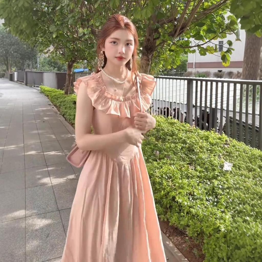 Kvinners rosa chiffon fransk volangkjole med flaggermusermer – koreansk stil, firkantet hals, perfekt for vår/sommer