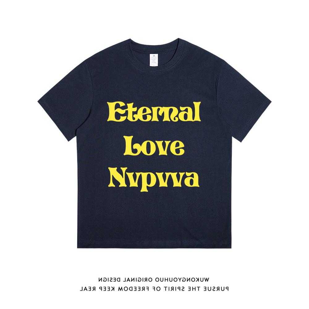 Unisex Retro American Hong Kong Style Pure Cotton Oversized T-shirt XL (116-130 jin) темно-синий
